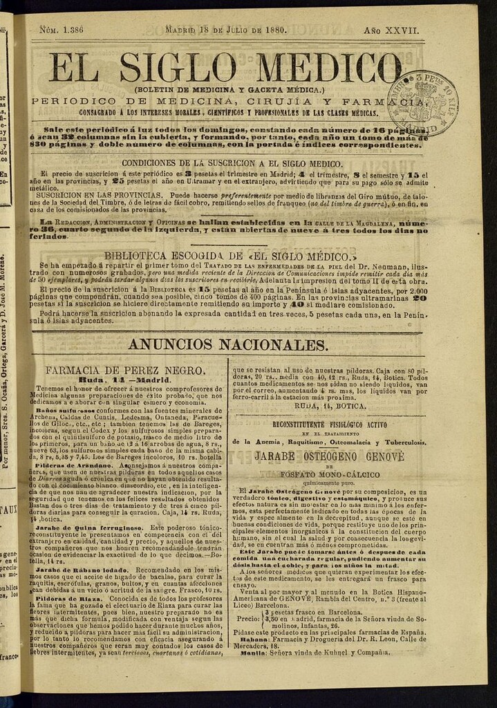 Miniatura de El Siglo Médico: boletín de medicina y gaceta médica del 18 de julio de 1880