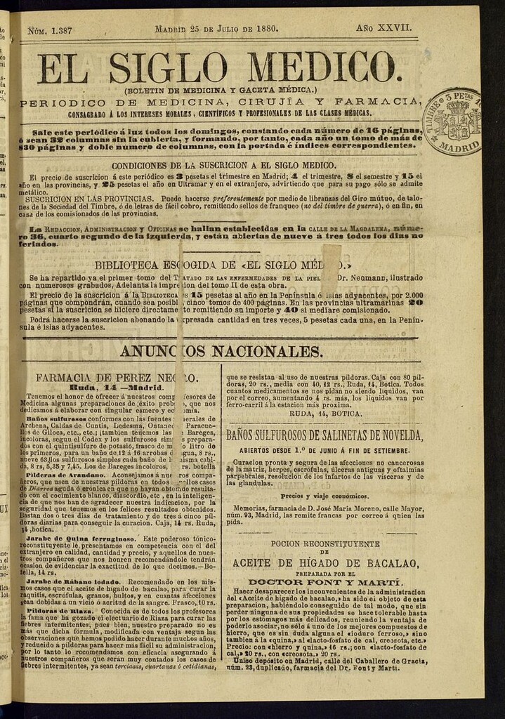 Miniatura de El Siglo Médico: boletín de medicina y gaceta médica del 25 de julio de 1880