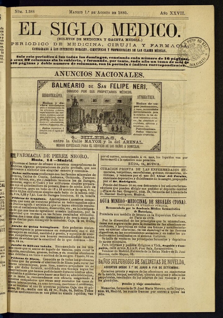 Miniatura de El Siglo Médico: boletín de medicina y gaceta médica del 1 de agosto de 1880