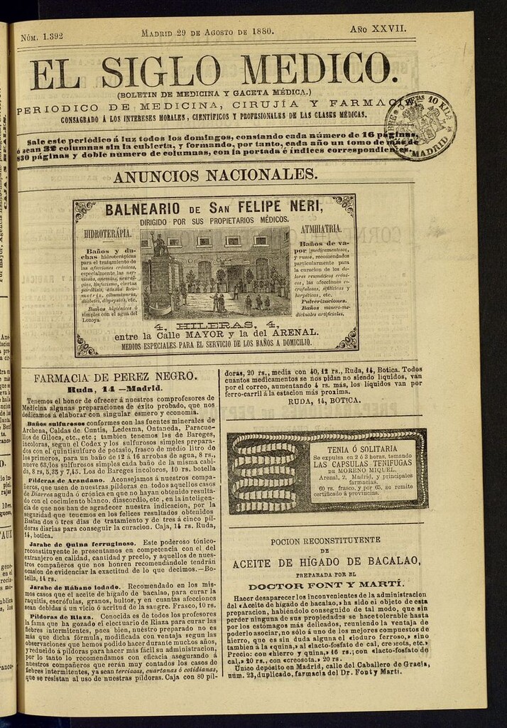 Miniatura de El Siglo Médico: boletín de medicina y gaceta médica del 29 de agosto de 1880
