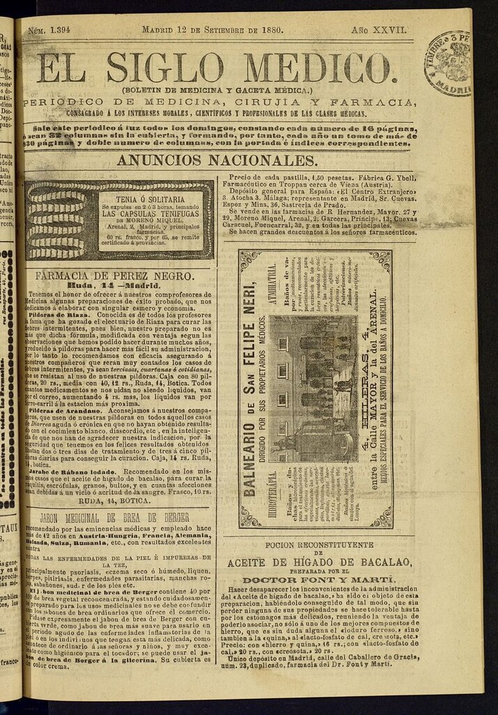 Miniatura de El Siglo Médico: boletín de medicina y gaceta médica del 12 de septiembre de 1880