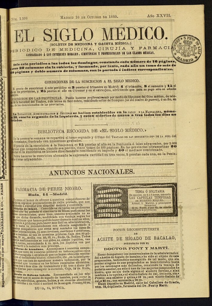 Miniatura de El Siglo Médico: boletín de medicina y gaceta médica del 10 de octubre de 1880