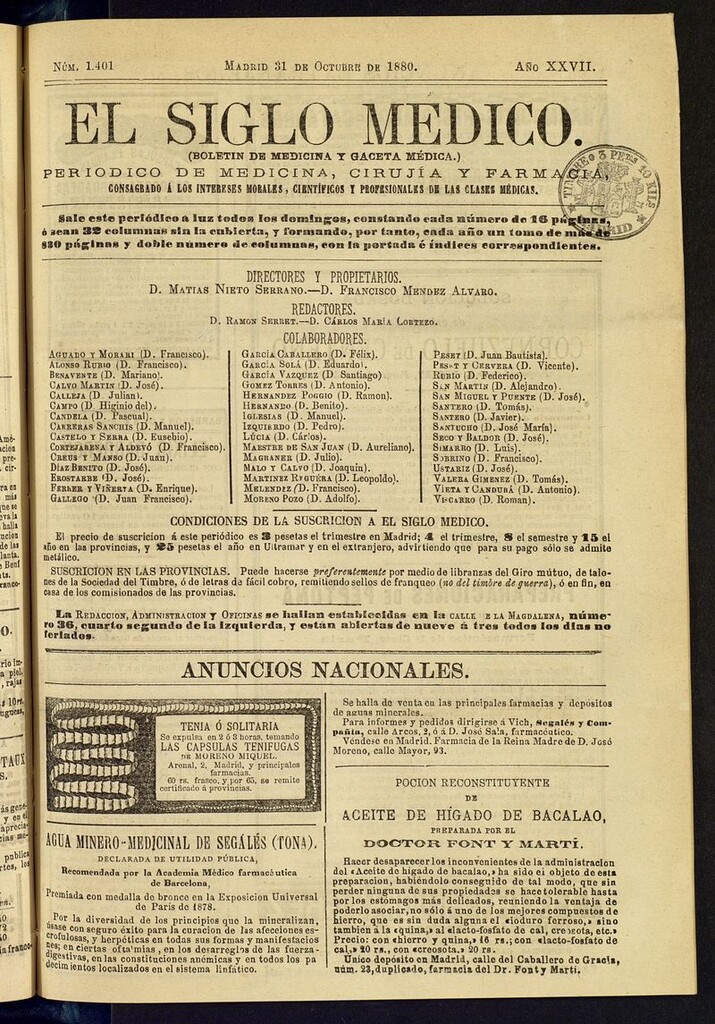 Miniatura de El Siglo Médico: boletín de medicina y gaceta médica del 31 de octubre de 1880