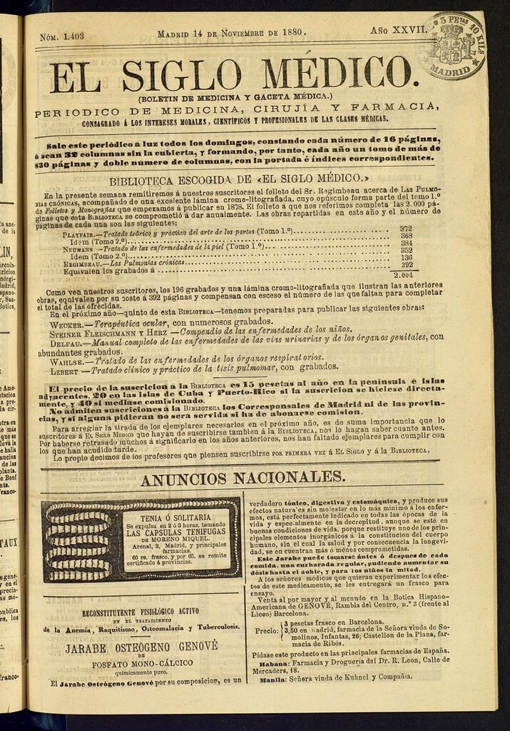 Miniatura de El Siglo Médico: boletín de medicina y gaceta médica del 14 de noviembre de 1880