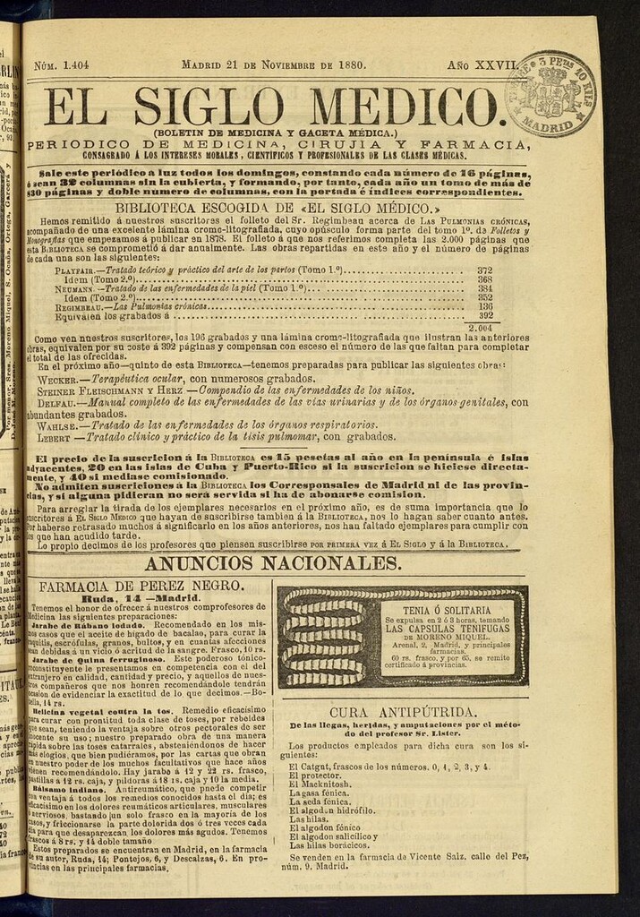 Miniatura de El Siglo Médico: boletín de medicina y gaceta médica del 21 de noviembre de 1880