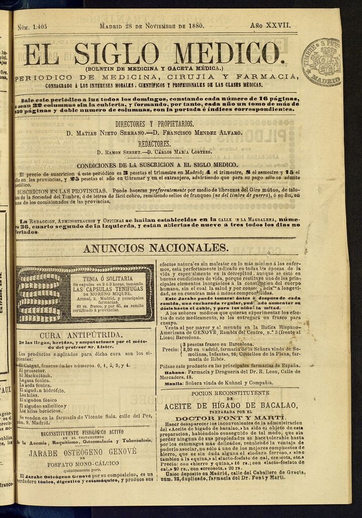 Miniatura de El Siglo Médico: boletín de medicina y gaceta médica del 28 de noviembre de 1880