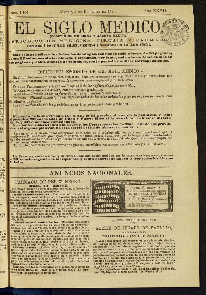 Miniatura de El Siglo Médico: boletín de medicina y gaceta médica del 5 de diciembre de 1880