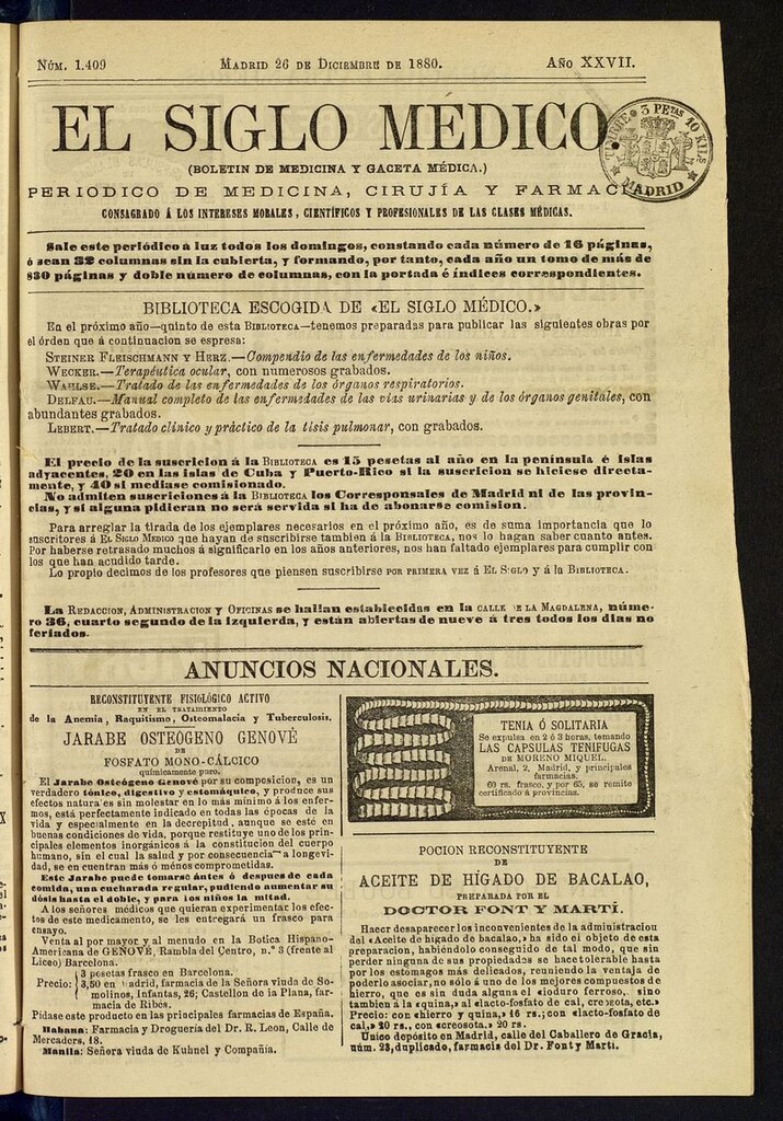 Miniatura de El Siglo Médico: boletín de medicina y gaceta médica del 26 de diciembre de 1880