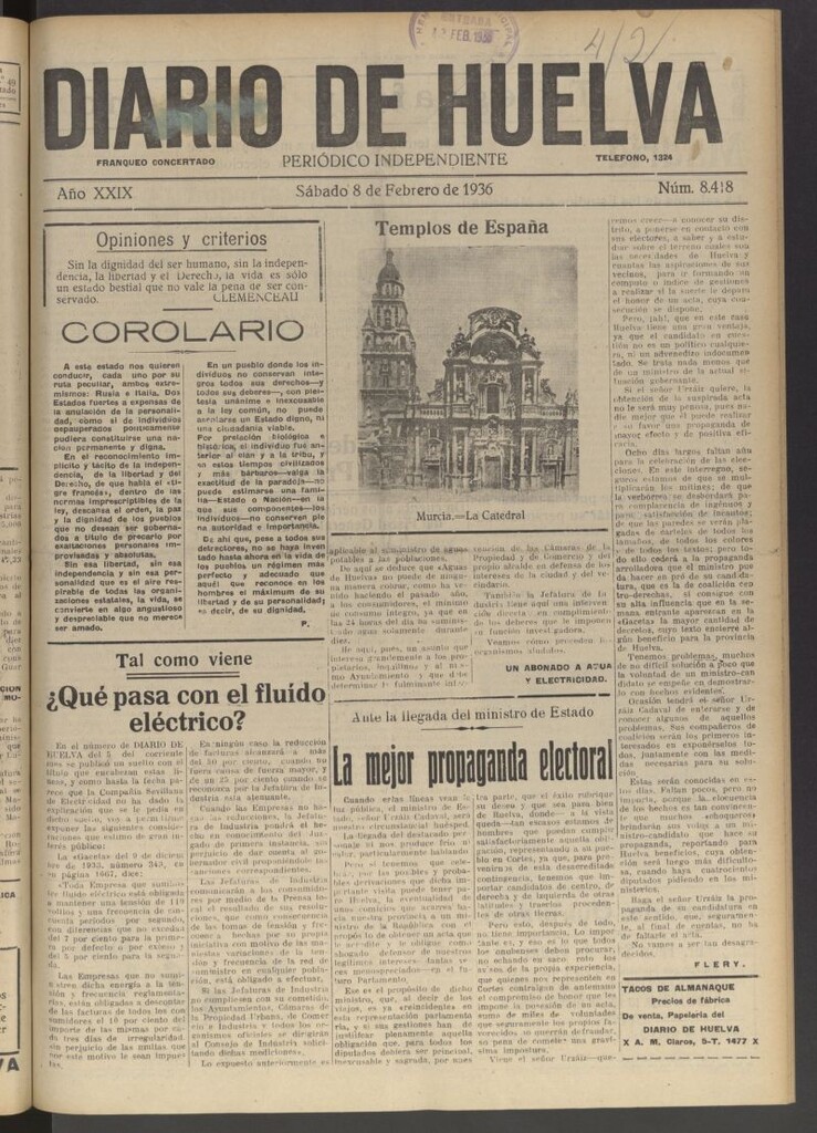 Miniatura de Diario de Huelva : periódico independiente del 8 de febrero de 1936