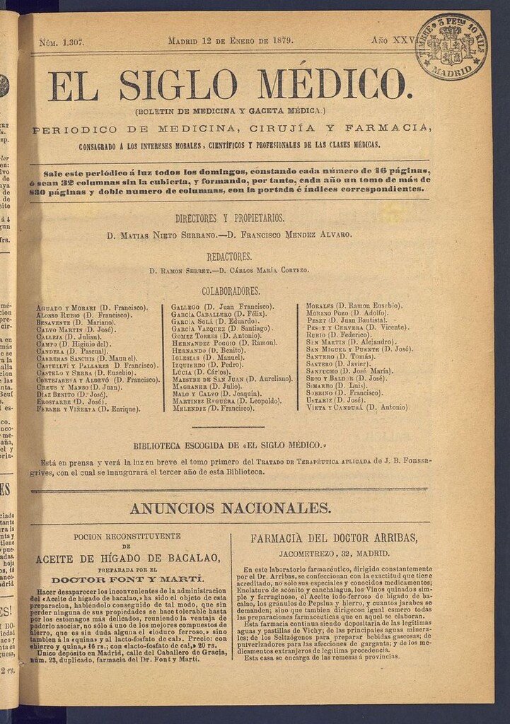 Miniatura de El Siglo Médico: boletín de medicina y gaceta médica del 12 de enero de 1879