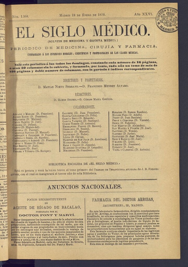 Miniatura de El Siglo Médico: boletín de medicina y gaceta médica del 19 de enero de 1879