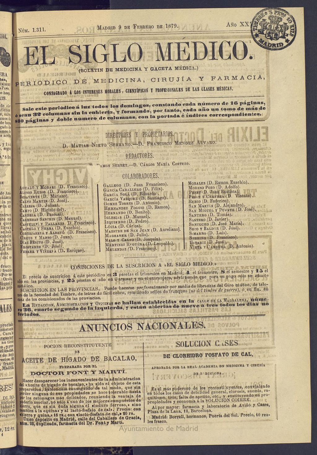 Miniatura de El Siglo Médico: boletín de medicina y gaceta médica del 9 de febrero de 1879