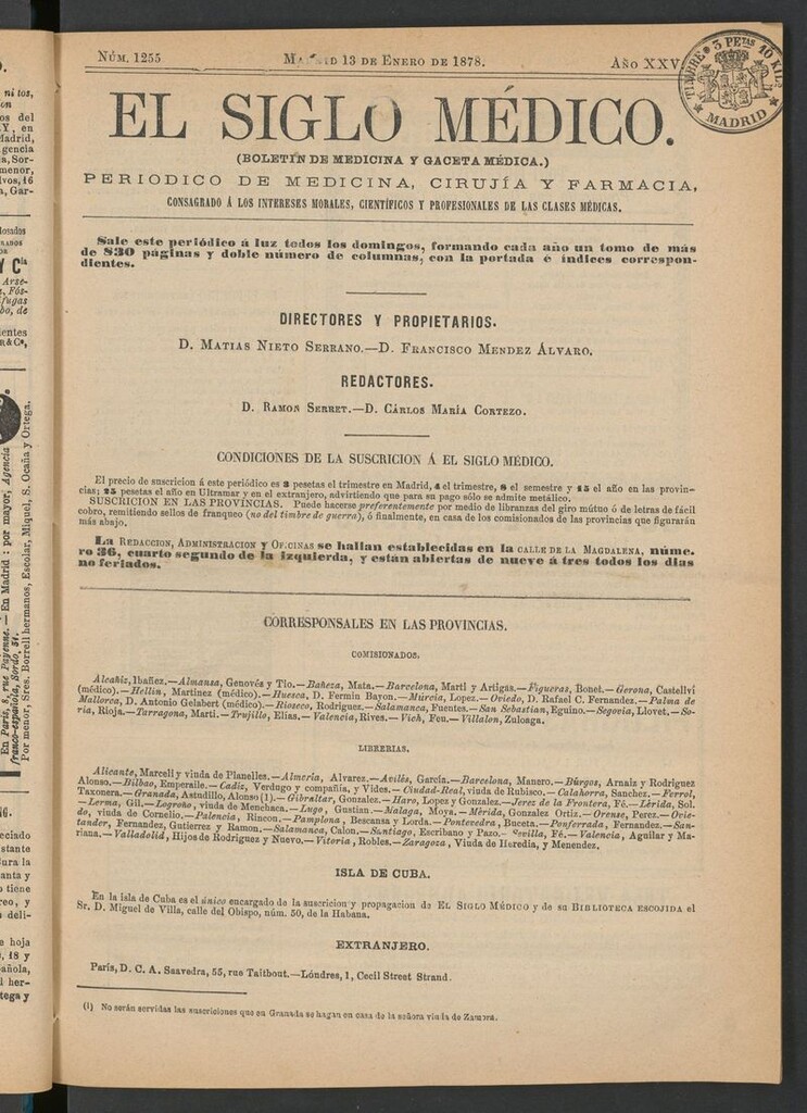 Miniatura de El Siglo Médico: boletín de medicina y gaceta médica del 13 de enero de 1878