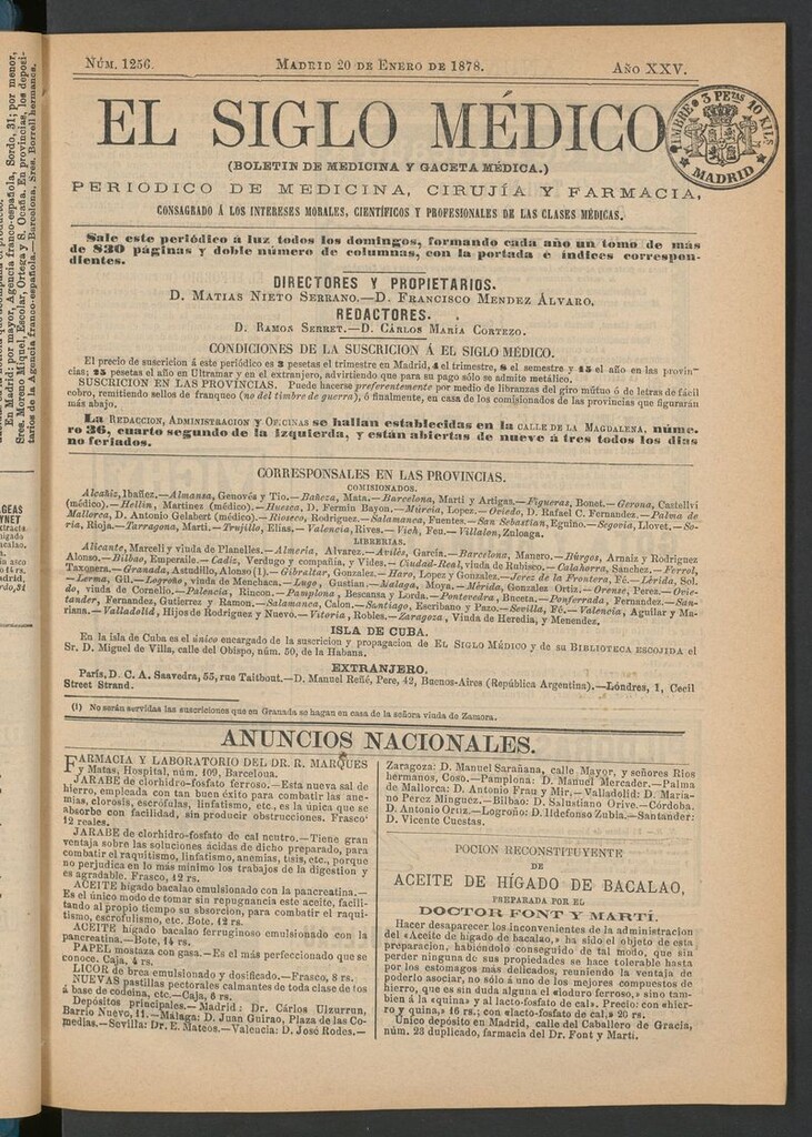 Miniatura de El Siglo Médico: boletín de medicina y gaceta médica del 20 de enero de 1878