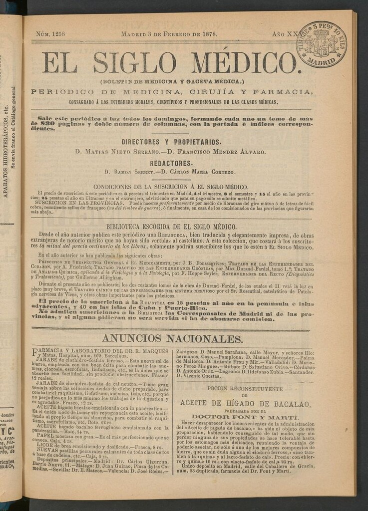 Miniatura de El Siglo Médico: boletín de medicina y gaceta médica del 3 de febrero de 1878