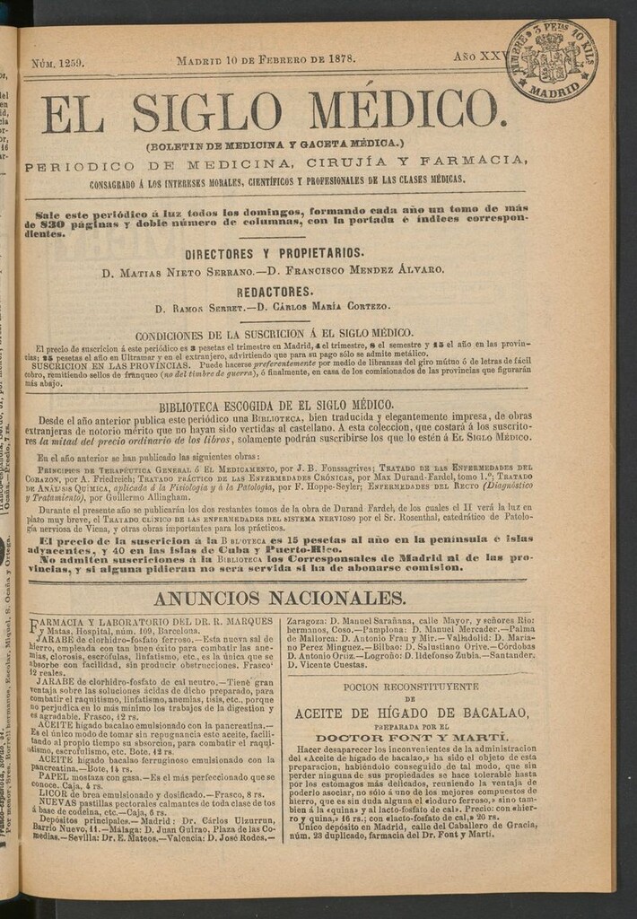 Miniatura de El Siglo Médico: boletín de medicina y gaceta médica del 10 de febrero de 1878