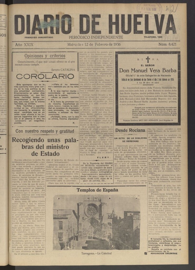 Miniatura de Diario de Huelva : periódico independiente del 12 de febrero de 1936