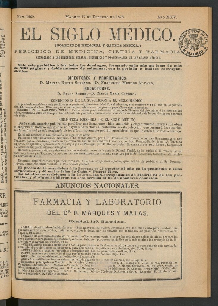 Miniatura de El Siglo Médico: boletín de medicina y gaceta médica del 17 de febrero de 1878