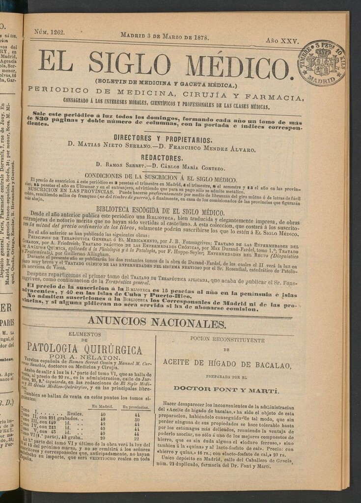 Miniatura de El Siglo Médico: boletín de medicina y gaceta médica del 3 de marzo de 1878