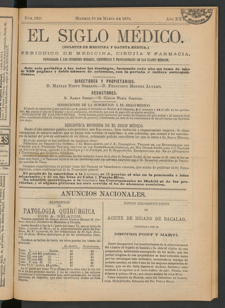 Miniatura de El Siglo Médico: boletín de medicina y gaceta médica del 10 de marzo de 1878