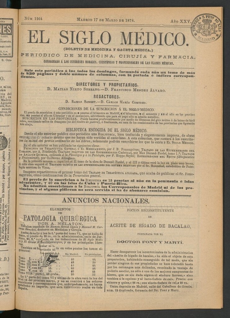 Miniatura de El Siglo Médico: boletín de medicina y gaceta médica del 17 de marzo de 1878