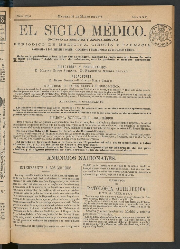 Miniatura de El Siglo Médico: boletín de medicina y gaceta médica del 31 de marzo de 1878