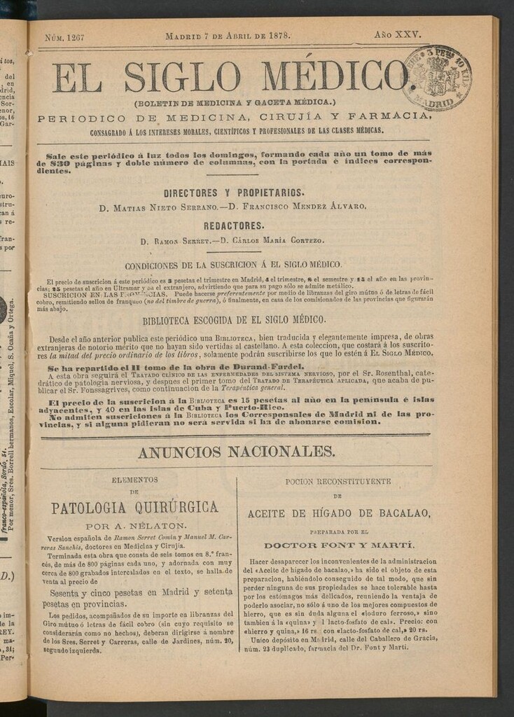 Miniatura de El Siglo Médico: boletín de medicina y gaceta médica del 7 de abril de 1878