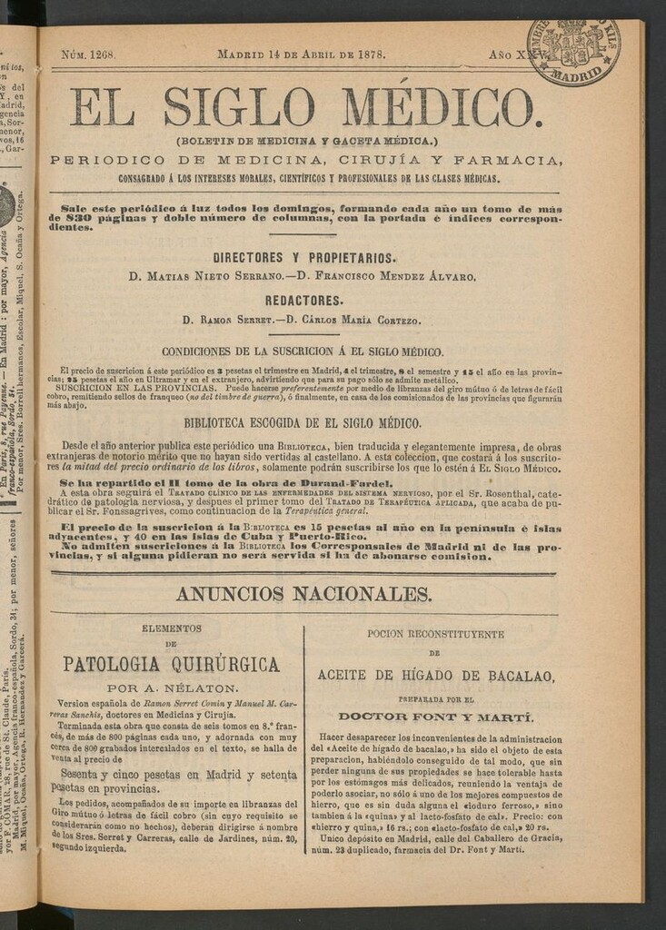 Miniatura de El Siglo Médico: boletín de medicina y gaceta médica del 14 de abril de 1878