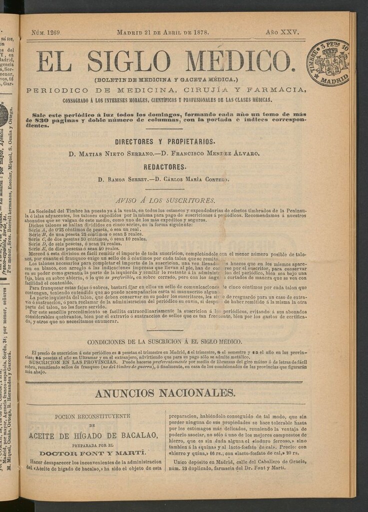 Miniatura de El Siglo Médico: boletín de medicina y gaceta médica del 21 de abril de 1878