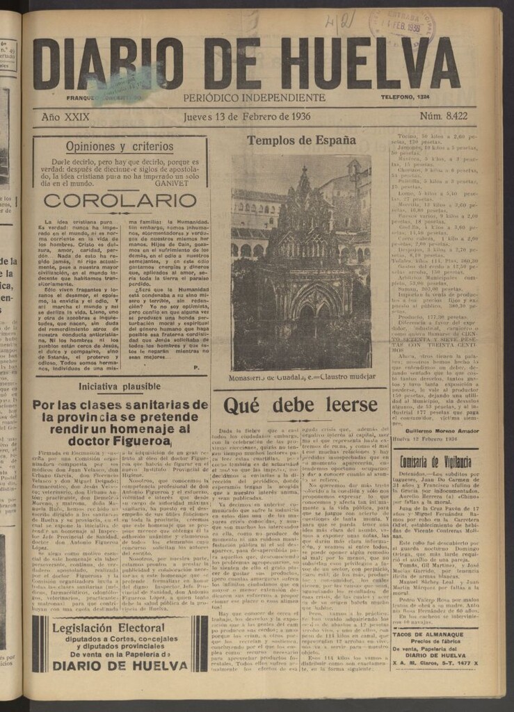 Miniatura de Diario de Huelva : periódico independiente del 13 de febrero de 1936