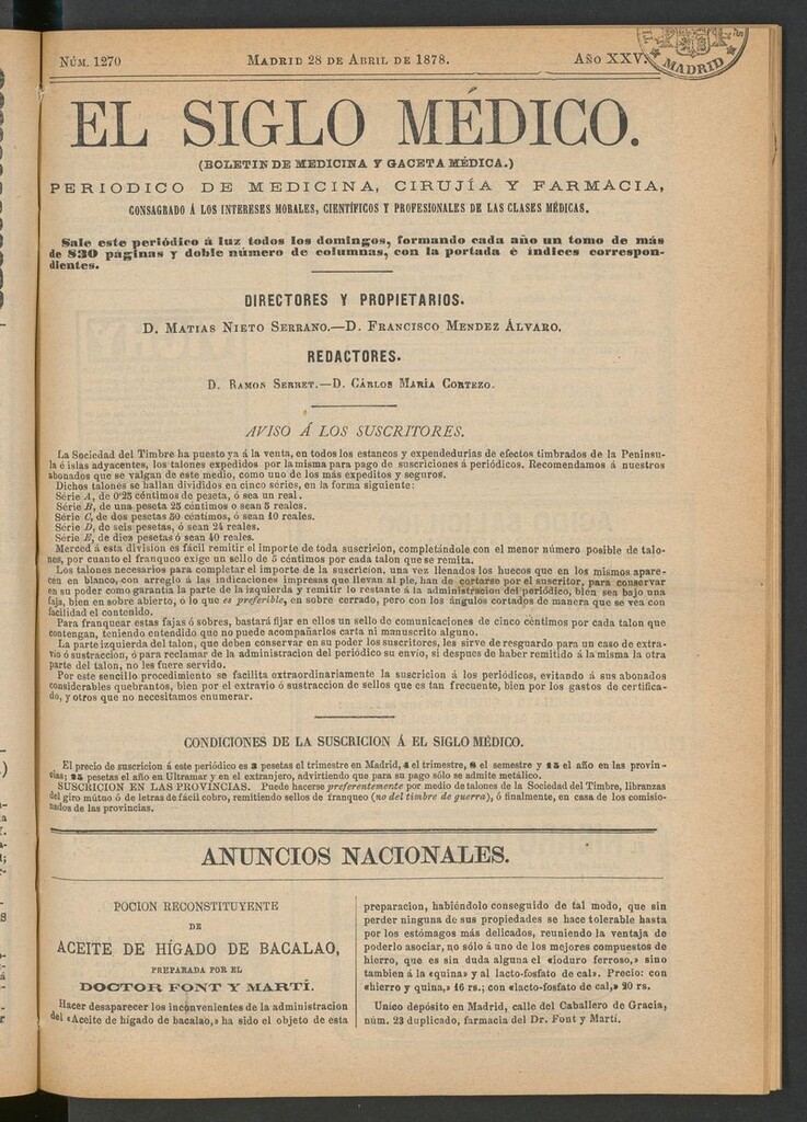 Miniatura de El Siglo Médico: boletín de medicina y gaceta médica del 28 de abril de 1878