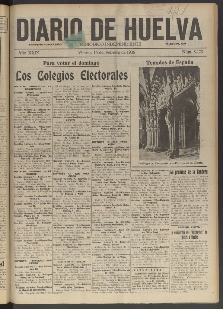 Miniatura de Diario de Huelva : periódico independiente del 14 de febrero de 1936