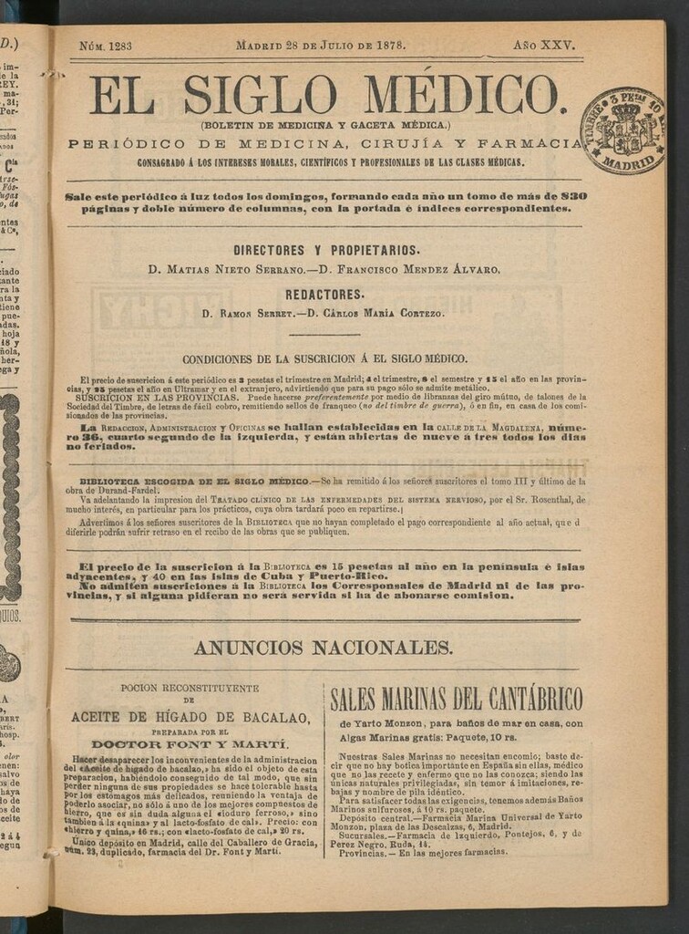 Miniatura de El Siglo Médico: boletín de medicina y gaceta médica del 28 de julio de 1878