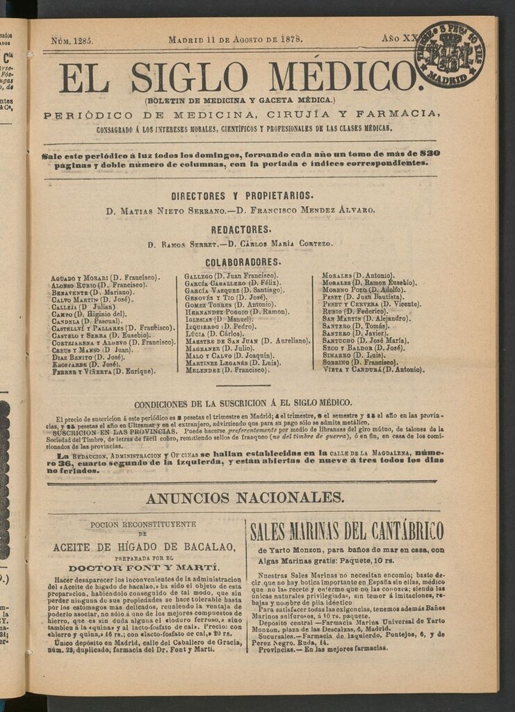Miniatura de El Siglo Médico: boletín de medicina y gaceta médica del 11 de agosto de 1878