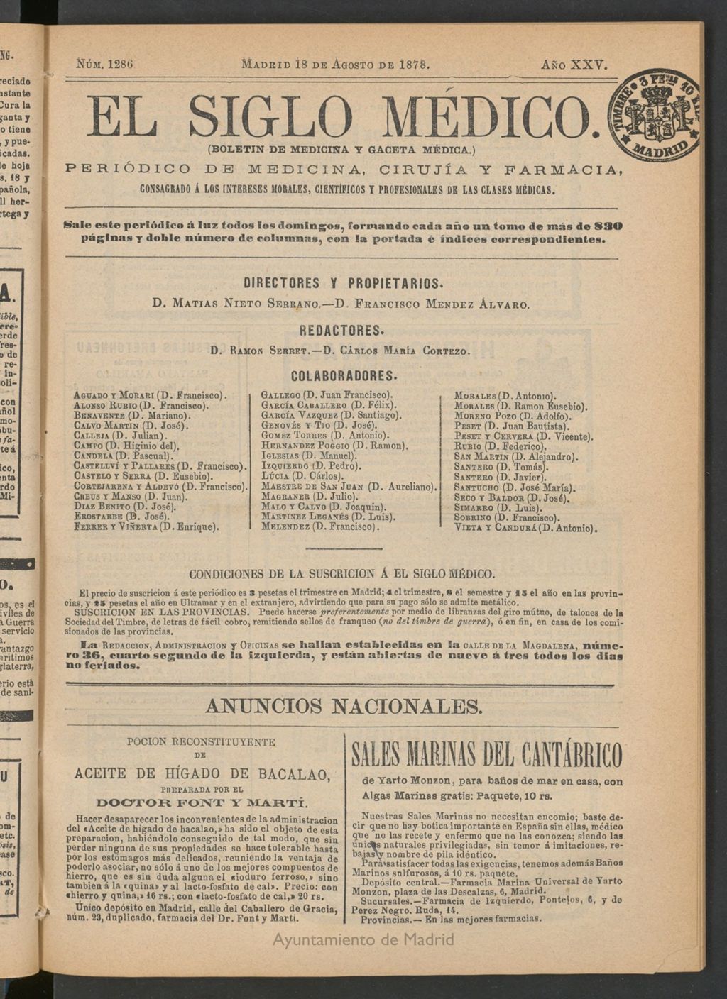 Miniatura de El Siglo Médico: boletín de medicina y gaceta médica del 18 de agosto de 1878