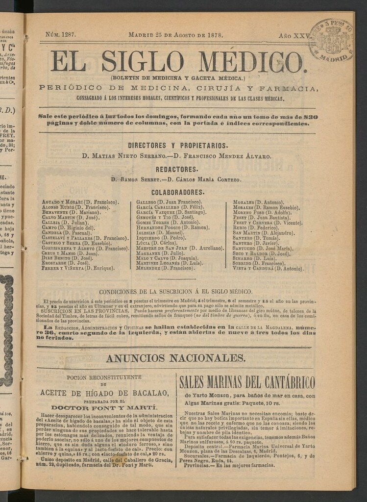 Miniatura de El Siglo Médico: boletín de medicina y gaceta médica del 25 de agosto de 1878