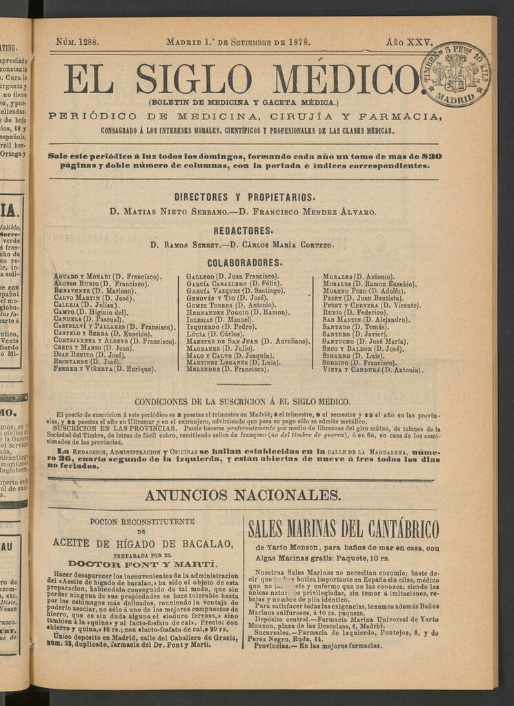 Miniatura de El Siglo Médico: boletín de medicina y gaceta médica del 1 de septiembre de 1878