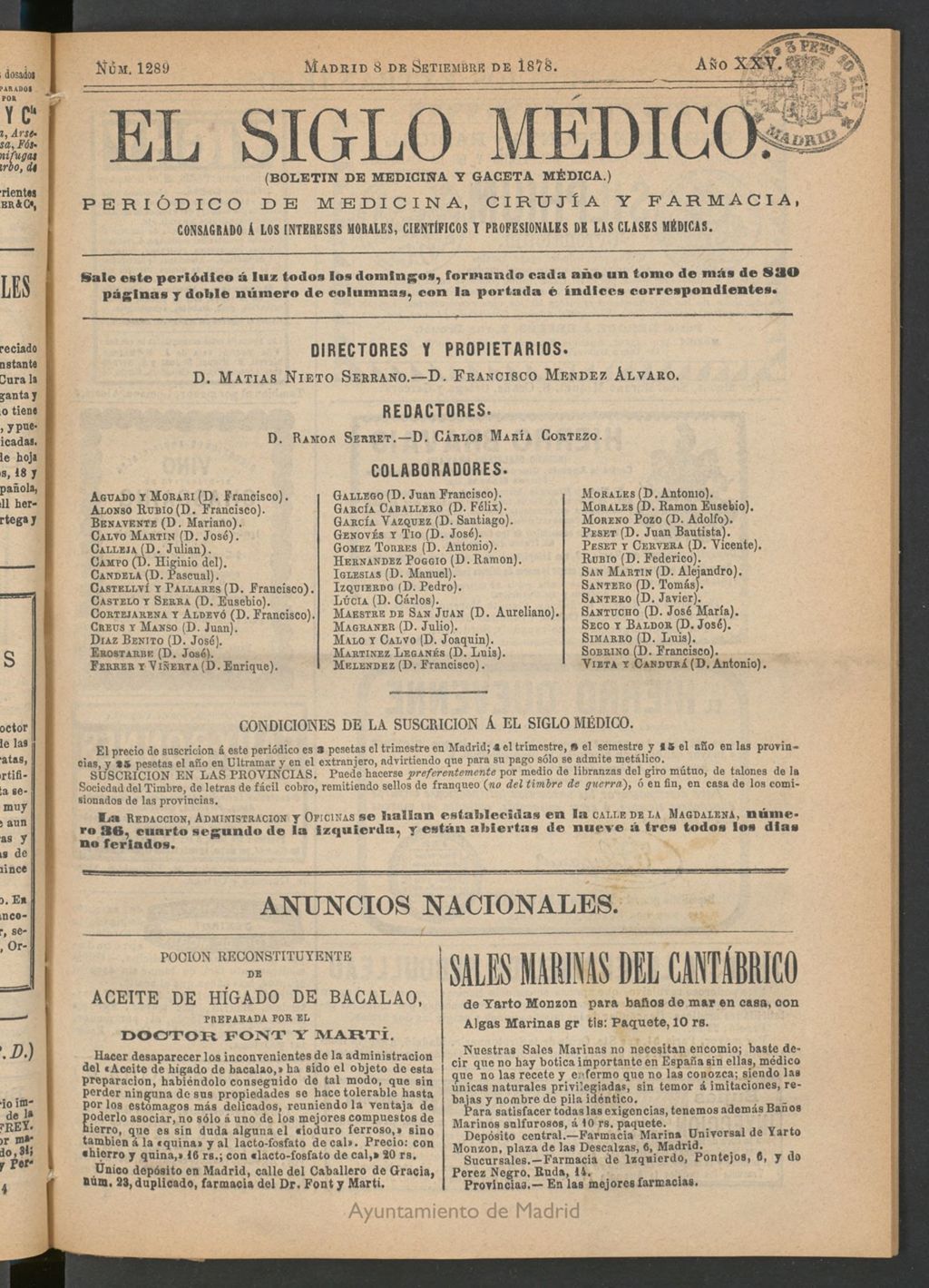 Miniatura de El Siglo Médico: boletín de medicina y gaceta médica del 8 de septiembre de 1878