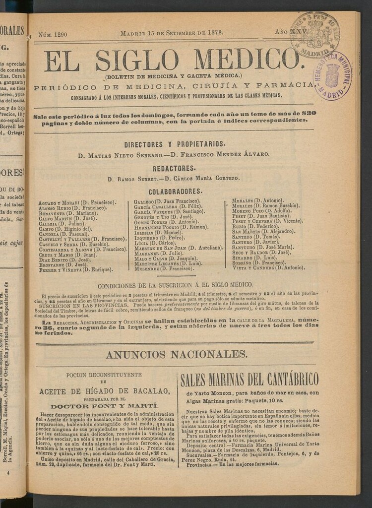 Miniatura de El Siglo Médico: boletín de medicina y gaceta médica del 15 de septiembre de 1878