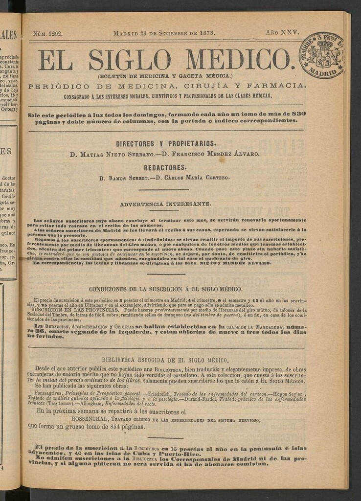 Miniatura de El Siglo Médico: boletín de medicina y gaceta médica del 29 de septiembre de 1878