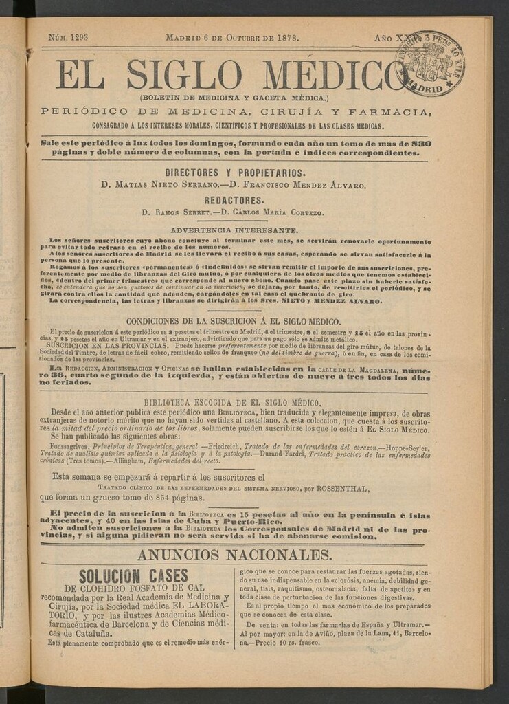 Miniatura de El Siglo Médico: boletín de medicina y gaceta médica del 6 de octubre de 1878