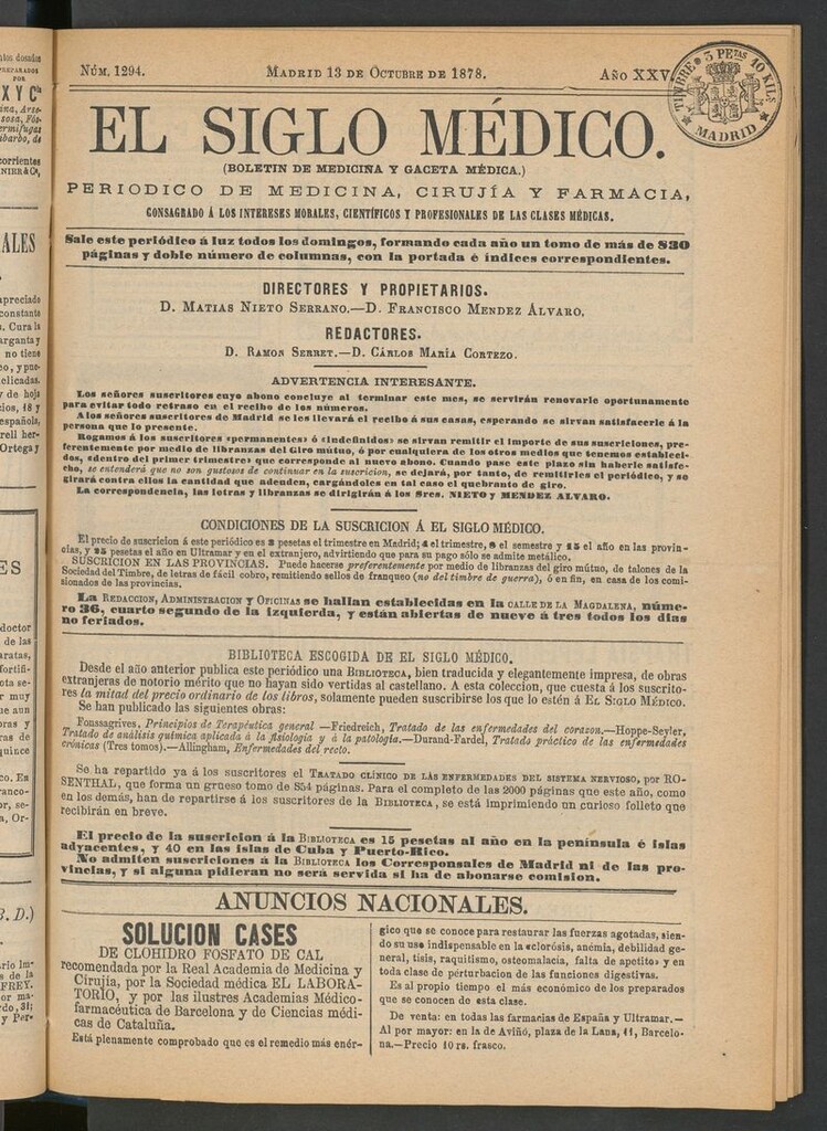 Miniatura de El Siglo Médico: boletín de medicina y gaceta médica del 13 de octubre de 1878