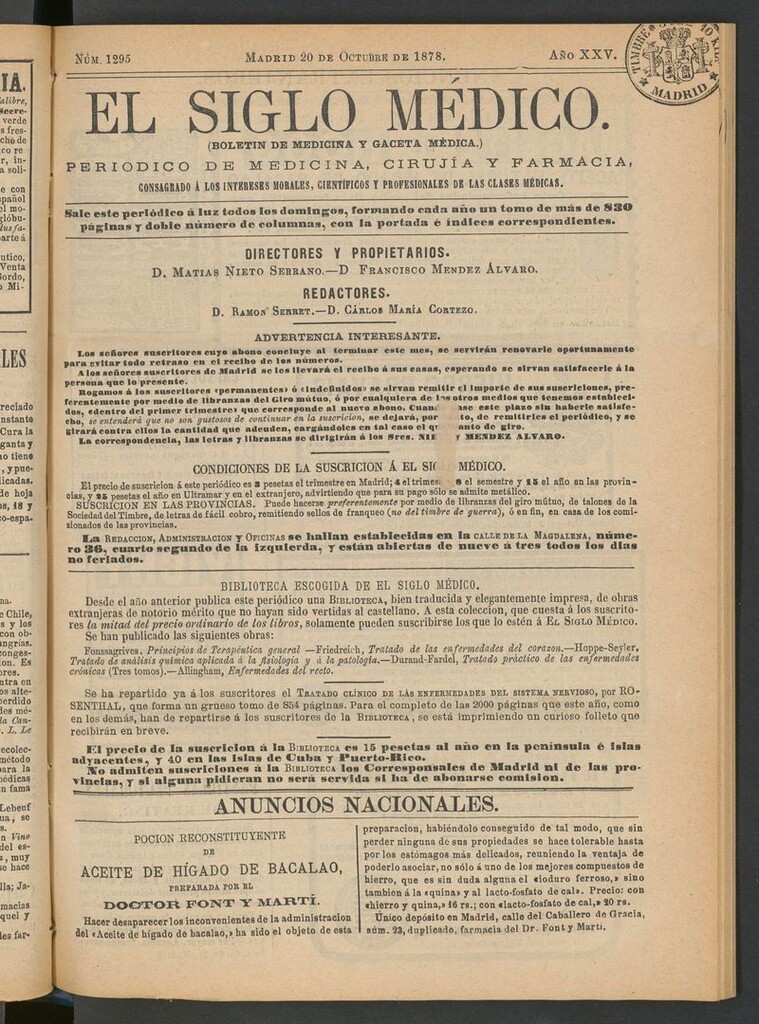 Miniatura de El Siglo Médico: boletín de medicina y gaceta médica del 20 de octubre de 1878