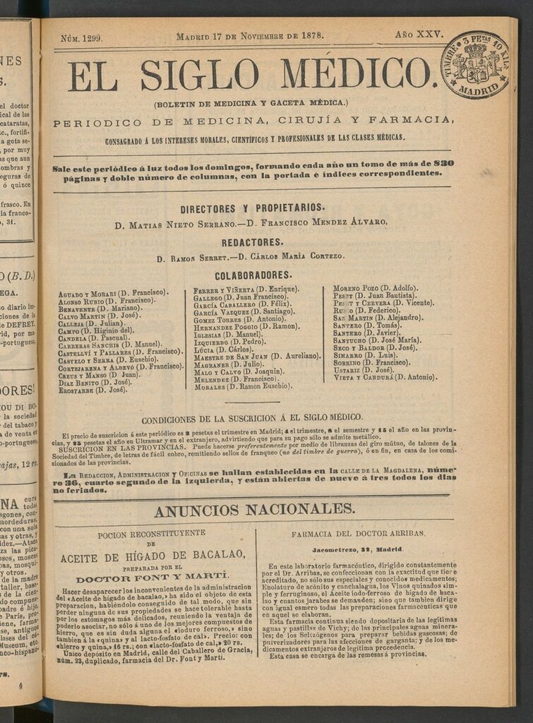 Miniatura de El Siglo Médico: boletín de medicina y gaceta médica del 17 de noviembre de 1878