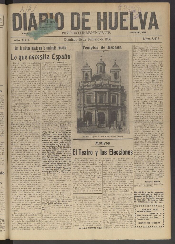 Miniatura de Diario de Huelva : periódico independiente del 16 de febrero de 1936