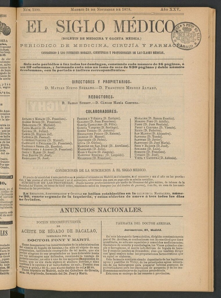Miniatura de El Siglo Médico: boletín de medicina y gaceta médica del 24 de noviembre de 1878