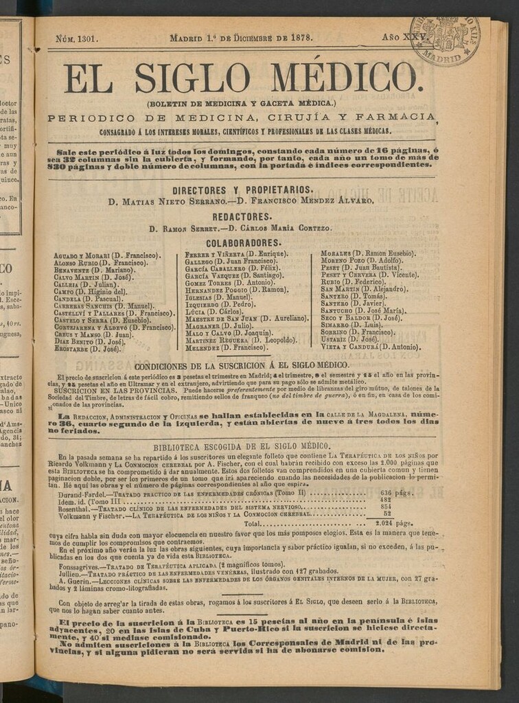 Miniatura de El Siglo Médico: boletín de medicina y gaceta médica del 1 de diciembre de 1878
