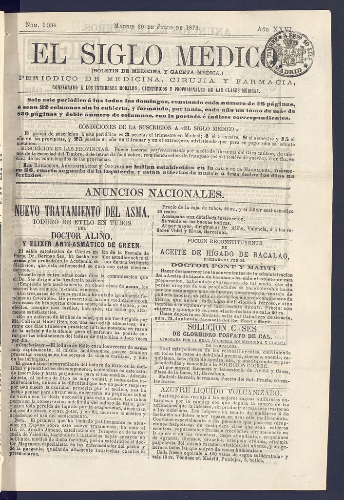 Miniatura de El Siglo Médico: boletín de medicina y gaceta médica del 20 de julio de 1879