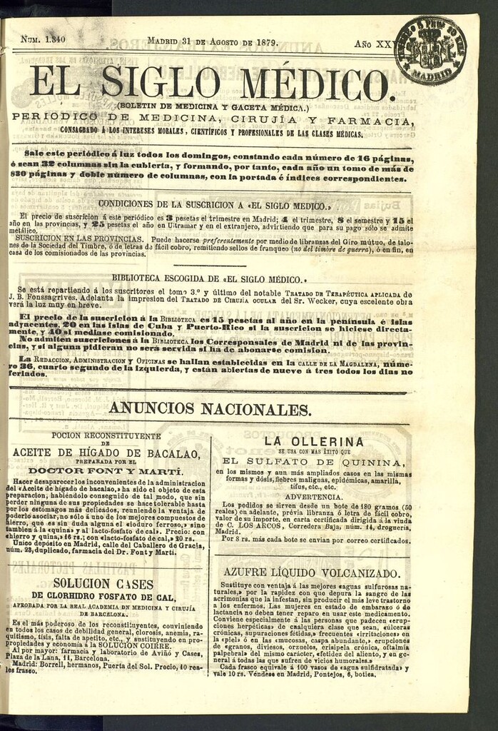 Miniatura de El Siglo Médico: boletín de medicina y gaceta médica del 31 de agosto de 1879