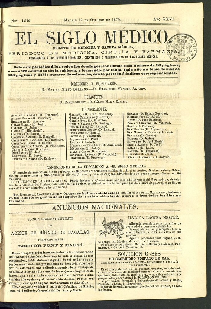 Miniatura de El Siglo Médico: boletín de medicina y gaceta médica del 12 de octubre de 1879
